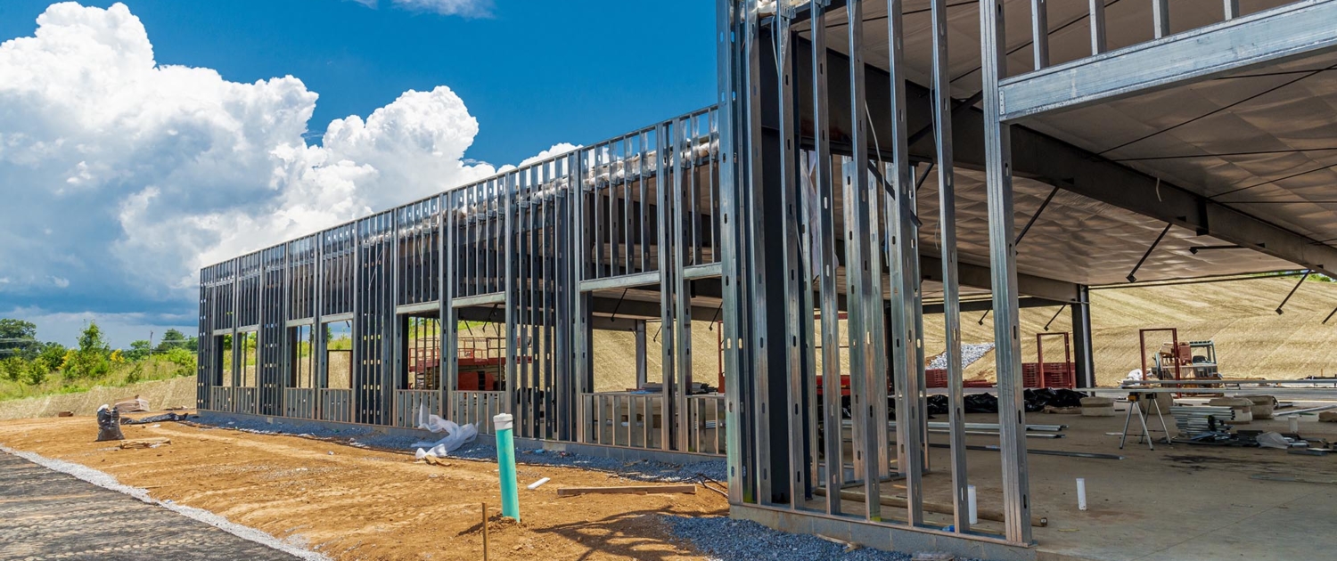 Front view of a new steel frame for building