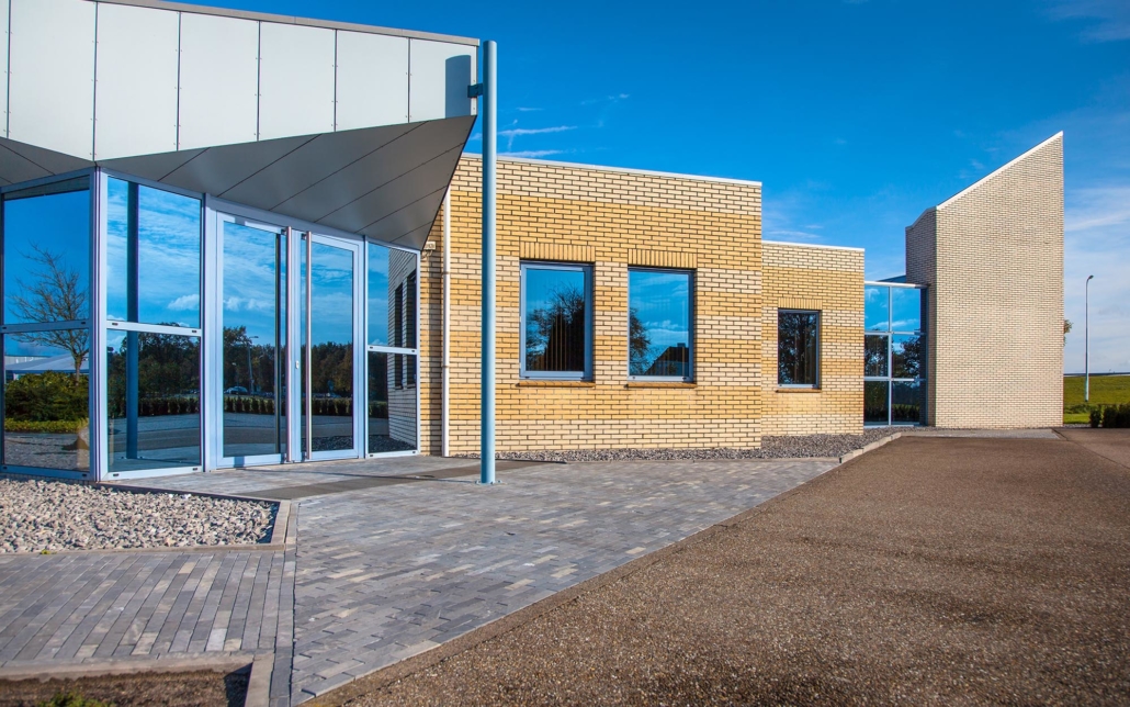 Front view of a newly built office building